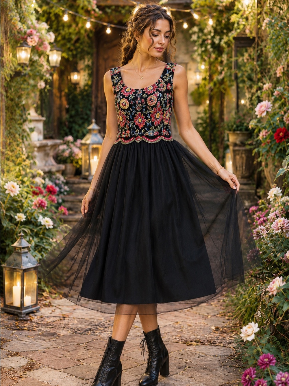 PatPat Embroidered Tulle Midi Dress XL Boho Fairycore Cottagecore Mesh  Festival